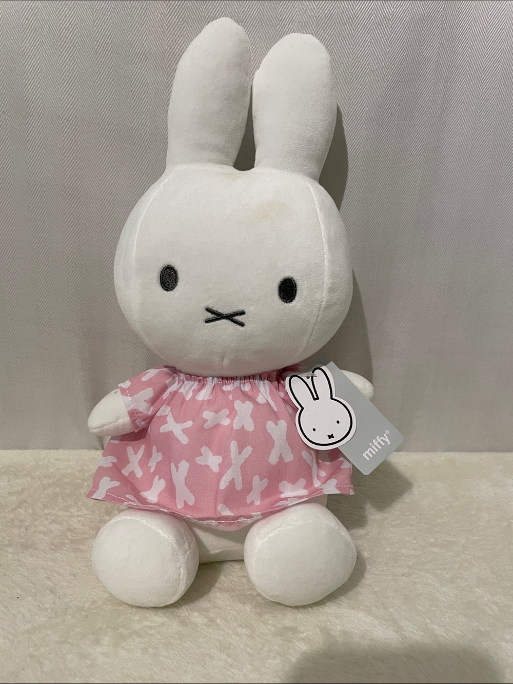 miffy White Plush Bunny in Pink Patterned Dress